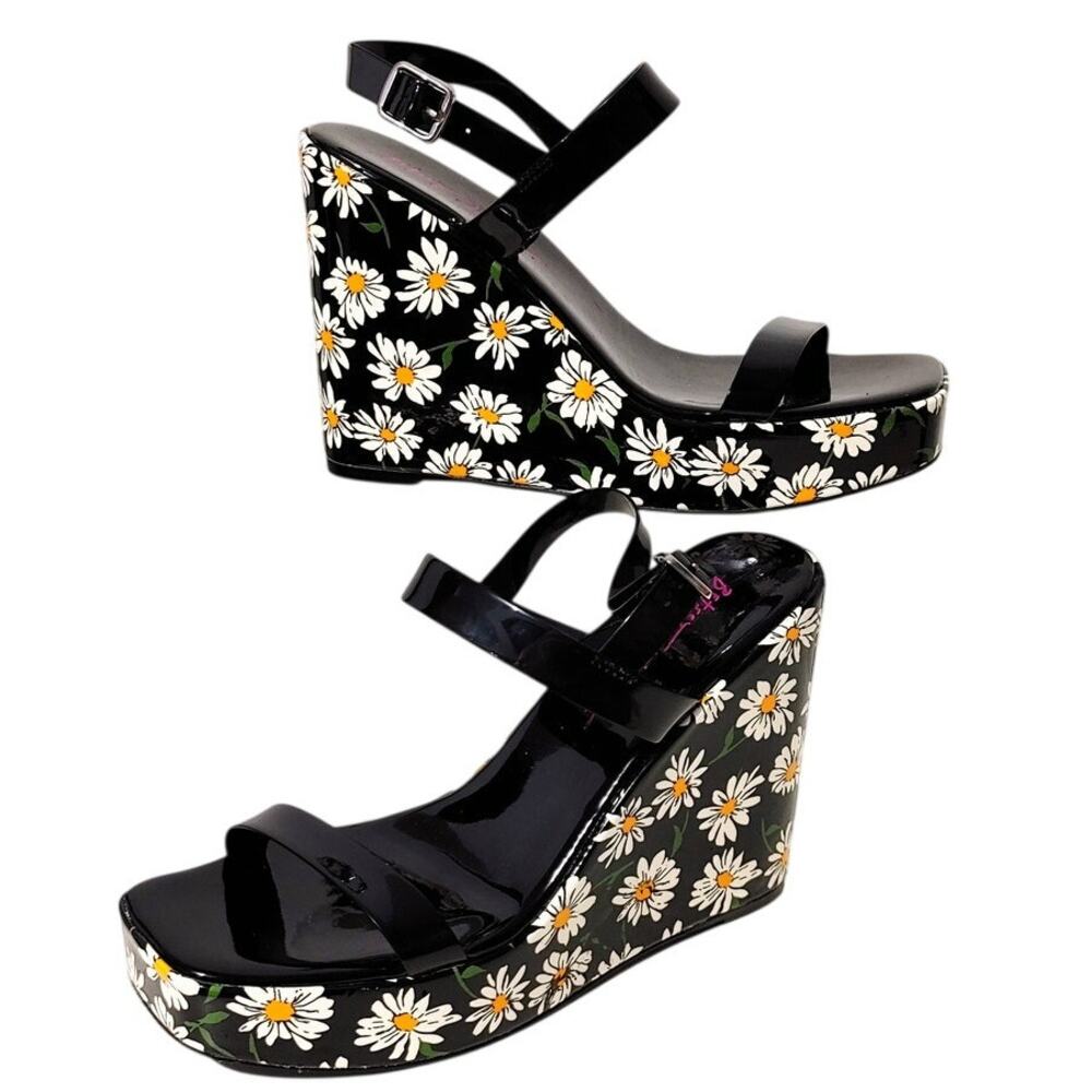 Betsey Johnson Landry Daisy Platform Wedge Sandals Black Floral Women Size 9
